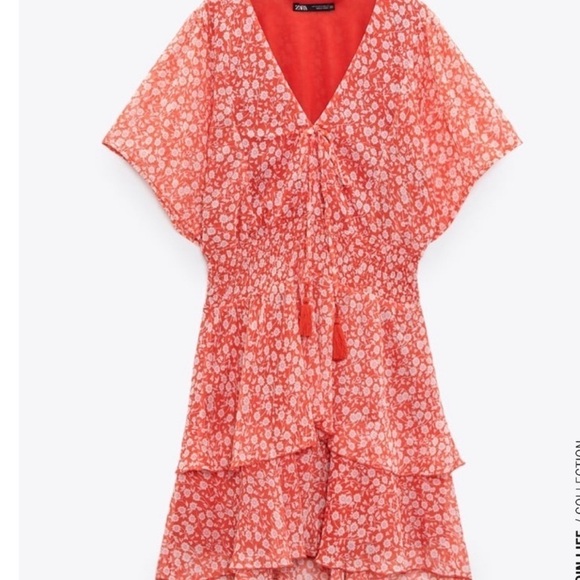 Zara Floral Flounced Hem Mini Dress Size Medium - Picture 9 of 14